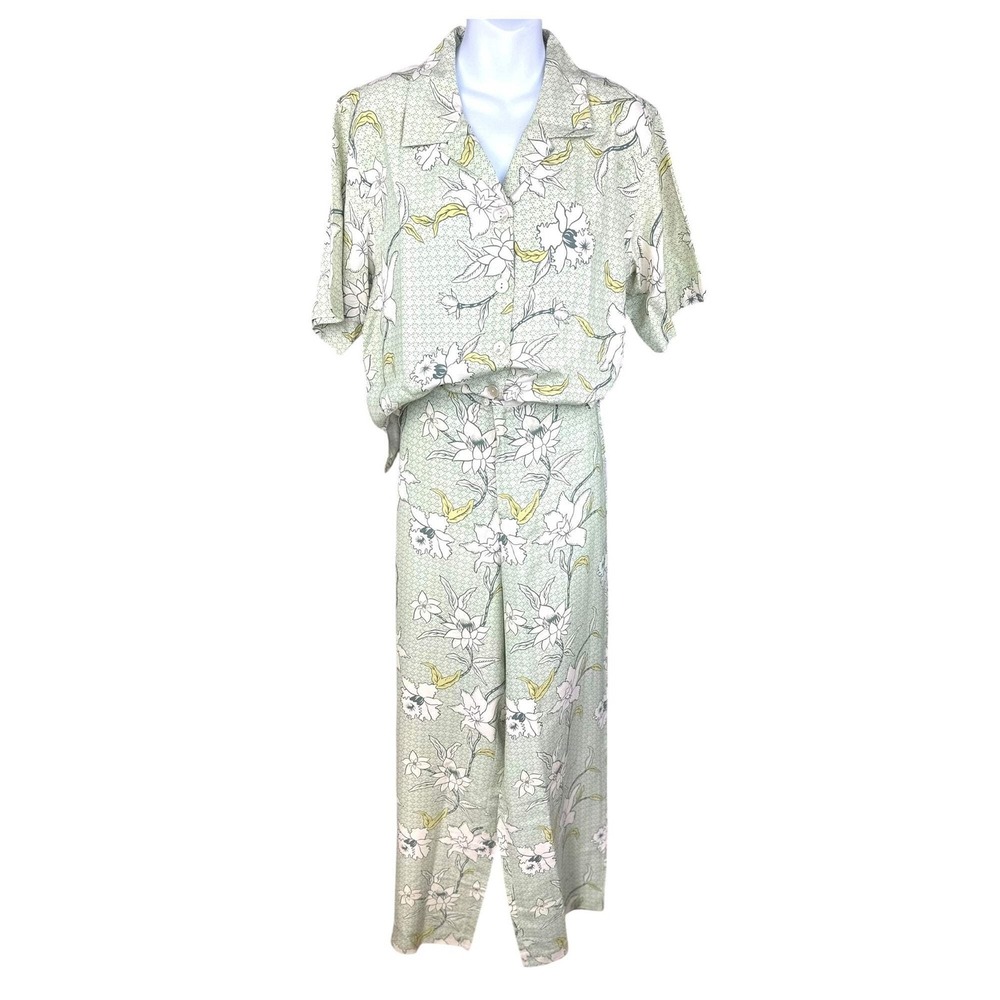 Tommy Bahama Womens‎ Green Floral 100% Silk 2 Piece Shirt and Pants Set Medium